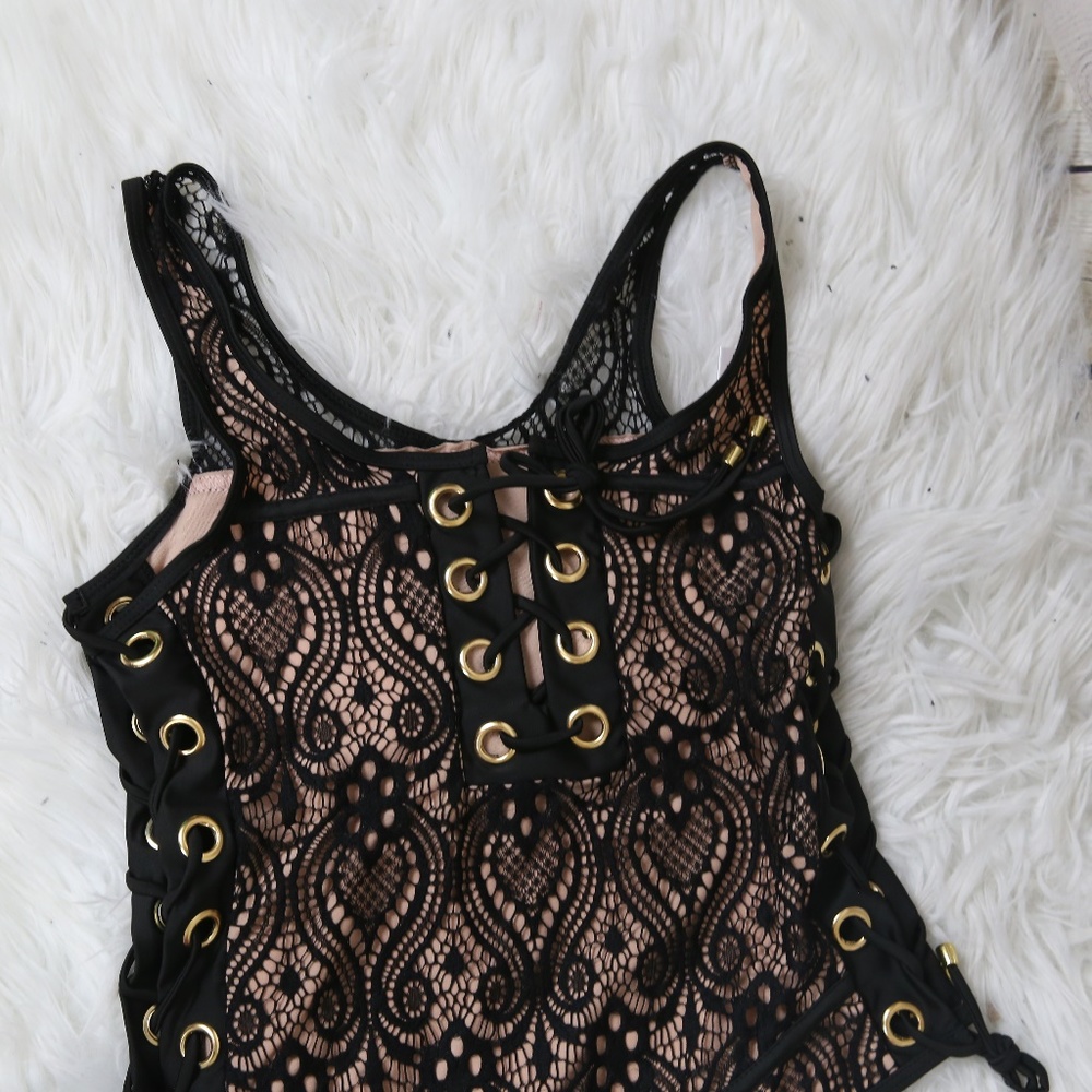Sexy One Piece Black Lace Swimsuit - Picture 3 of 4